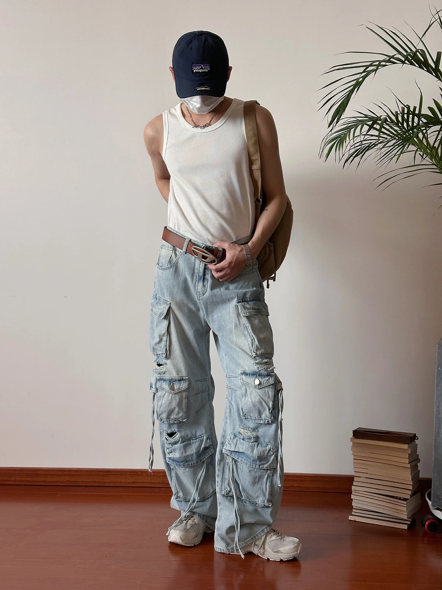 Frayed Washed Multi-pocket Jeans Retro Street Trend Men's