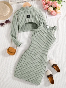 Girls Knitted Shirt & Vest Dress Set 1