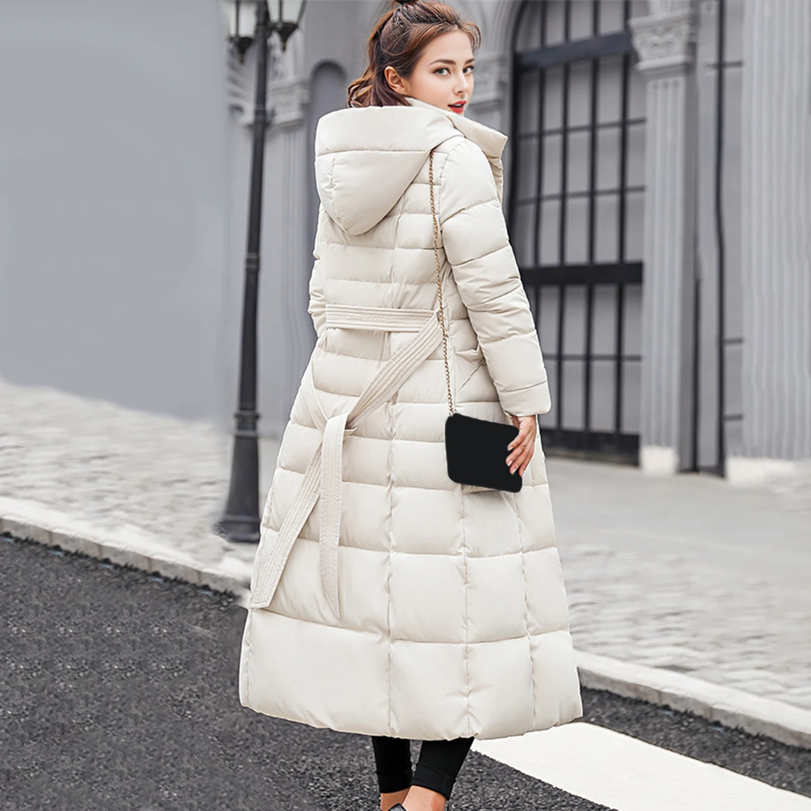 Winter Women Long Parkas Solid Colo Neck Hooded Cotton Jacket Pockets Windproof Zipper Closure Padded Outwear