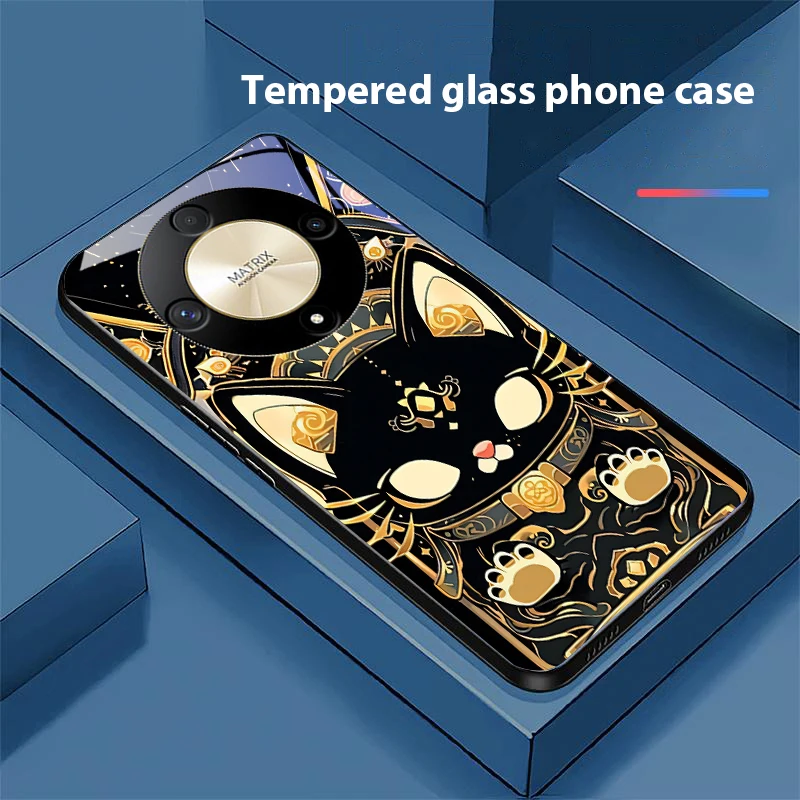 Black Gold Cat Design Tempered Glass Phone Case
