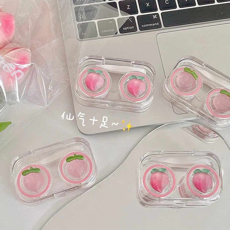 여름 복숭아 렌즈 컨테이너 콘택트 렌즈 케이스 여성 귀여운 미니 콘택트 렌즈 보관 상자 휴대용 여행 콘택트 렌즈 케이스