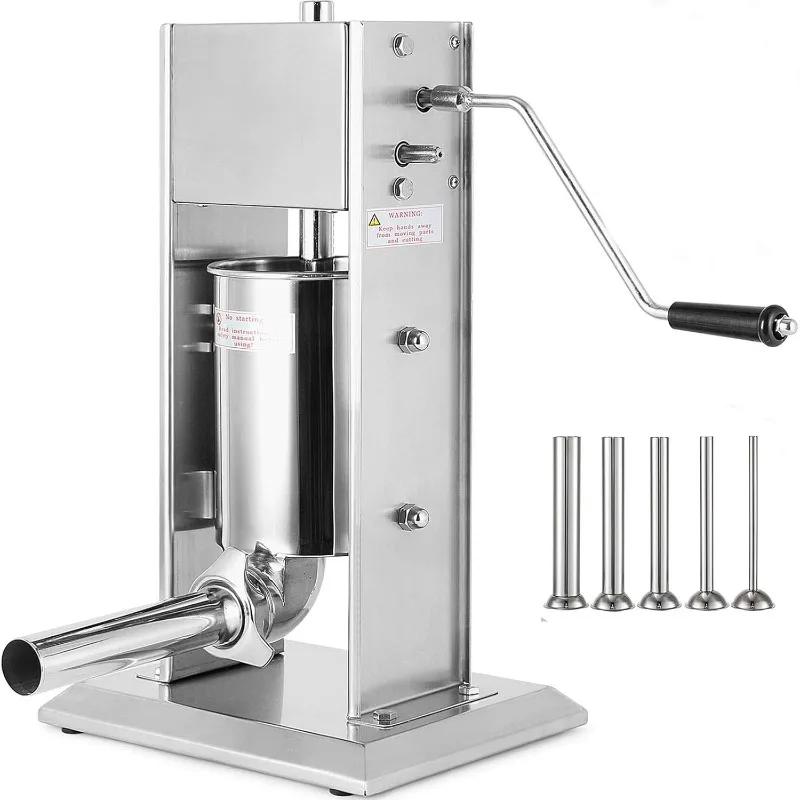 Manual Sausage Stuffer Maker 7L Capacity Two Speed Vertical Meat Filler Stainless Steel with 5 Stuffing Nozzles,