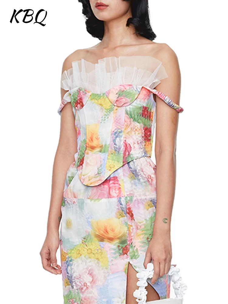 

KBQ Spliced Mesh Printing Camisole Tops For Women Square Collar Sleeveless Off Shoulder Slimming Tops Female Fashion Clothing