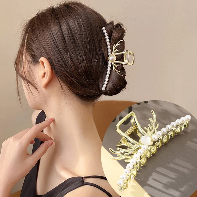 AWAYTR Rhinestone Metal Hair Claw Crab Clip For Women Girls Shiny Barrette Hairpin Crystal Pearl Hair Accessories Jewelry Gift CB1100A 11cm