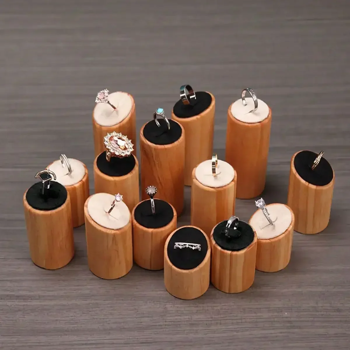 Rustic Solid Wood Jewelry Display Stand Set - 3-Piece Cylindrical Holder