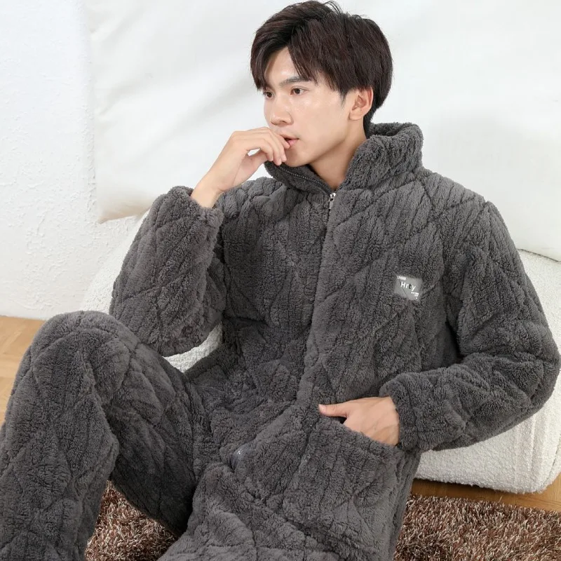 

2023 New Autumn Winter Men Pajamasthree Layers Extra-thick Flannel Padded Middle-aged Elderly Homewear Suit Warm Sleepwear