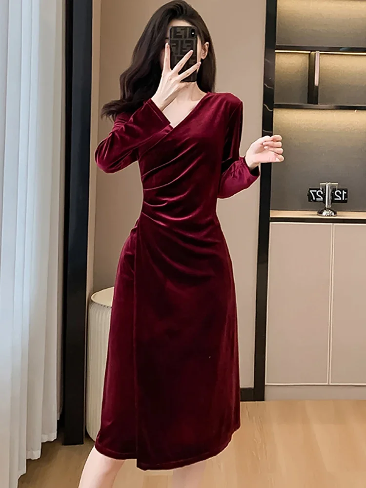 Vestido de noche de fiesta de lujo de terciopelo rojo para mujer