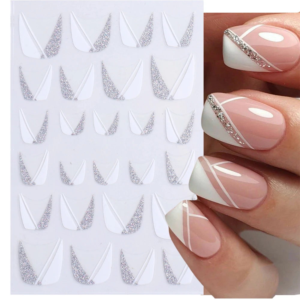 3d French Tips Nail Stickers 1sheet Shiny Glitter Silver White Sliders
