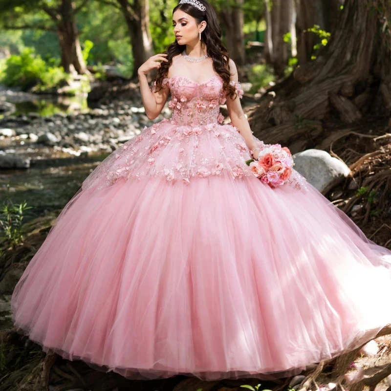 

Pink Off The Shoulder Quinceanera Dress Ball Gown Applique Lace Beads Tull Corset Sweet 16 Vestidos De 15 Anos