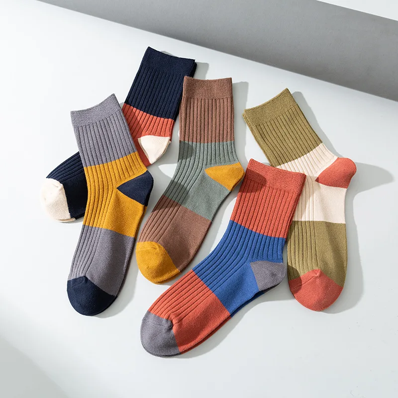 

Men'S Socks Mid Calf Cotton Socks For Men Color Matching Vertical Stripes Stocking Sports Leisure Stocking Keep Warm Breathable