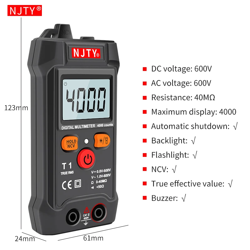 Digital Multimeter NJTY Professional Mini Auto Range Smart Multimetro 4000 Counts AC/DC Voltage Meter Resistance Tester