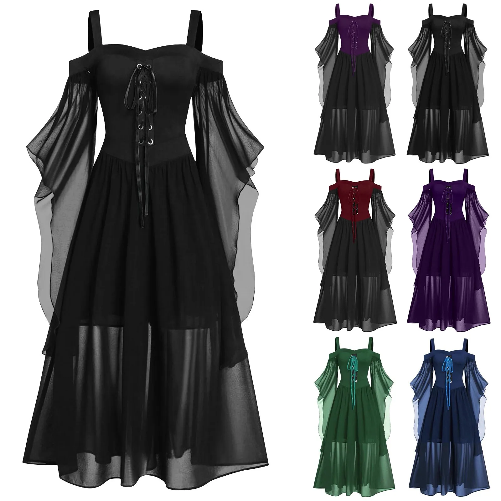 Robe Halloween Femme Gothique Médiévale - Manches Papillon, Dos Lacé, Longue - Cosplay Renaissance