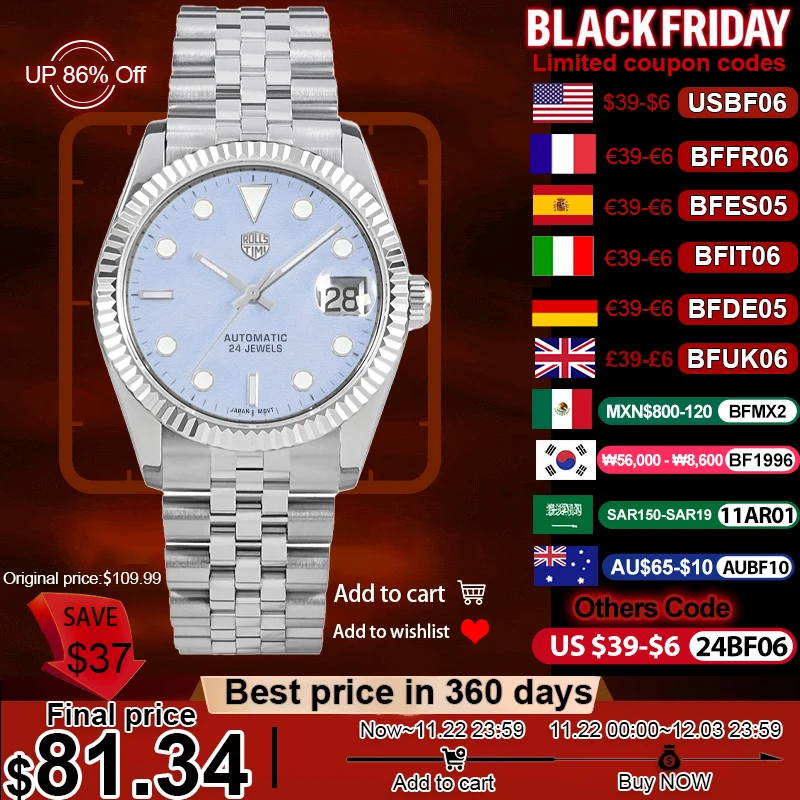 Rollstimi DD Men's Mechanical Watches Top Brand Luxury Automatic Watch For Men Japan NH35A Movt 100M Waterproof Sapphire crystal