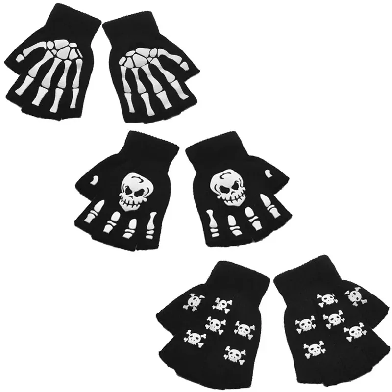 1/3/6pairs Skeleton Cycling Gloves Glow In The Dark Fingerless Cycling Skull Gloves For Kids Halloween Costume Accessory Gloves