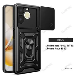 Slide Camera Cover with Ring Kickstand Holder - Full Protective Shockproof Phone Case for Realme Note 70T 4G (Black1)