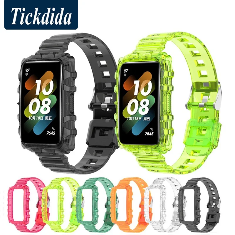 For Huawei Band 7 Transparent Silicone Strap+Case Huawei Band 6 Smartwatch Accessories Replacement Wrist Bracelet