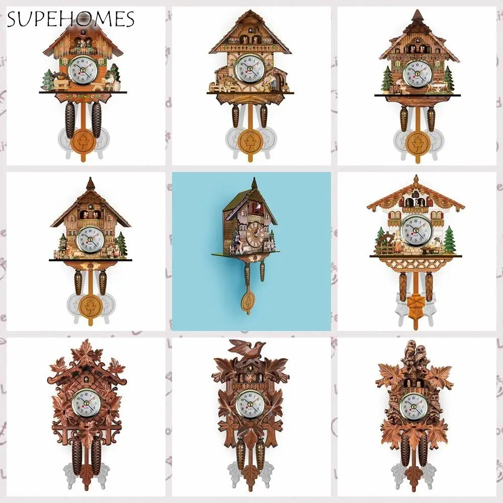 

Silent Wood Pendulum Vintage Clocks Creative Forest Tower Vintage Cuckoo Wall Clock 3D Chiming Wooden Living Room