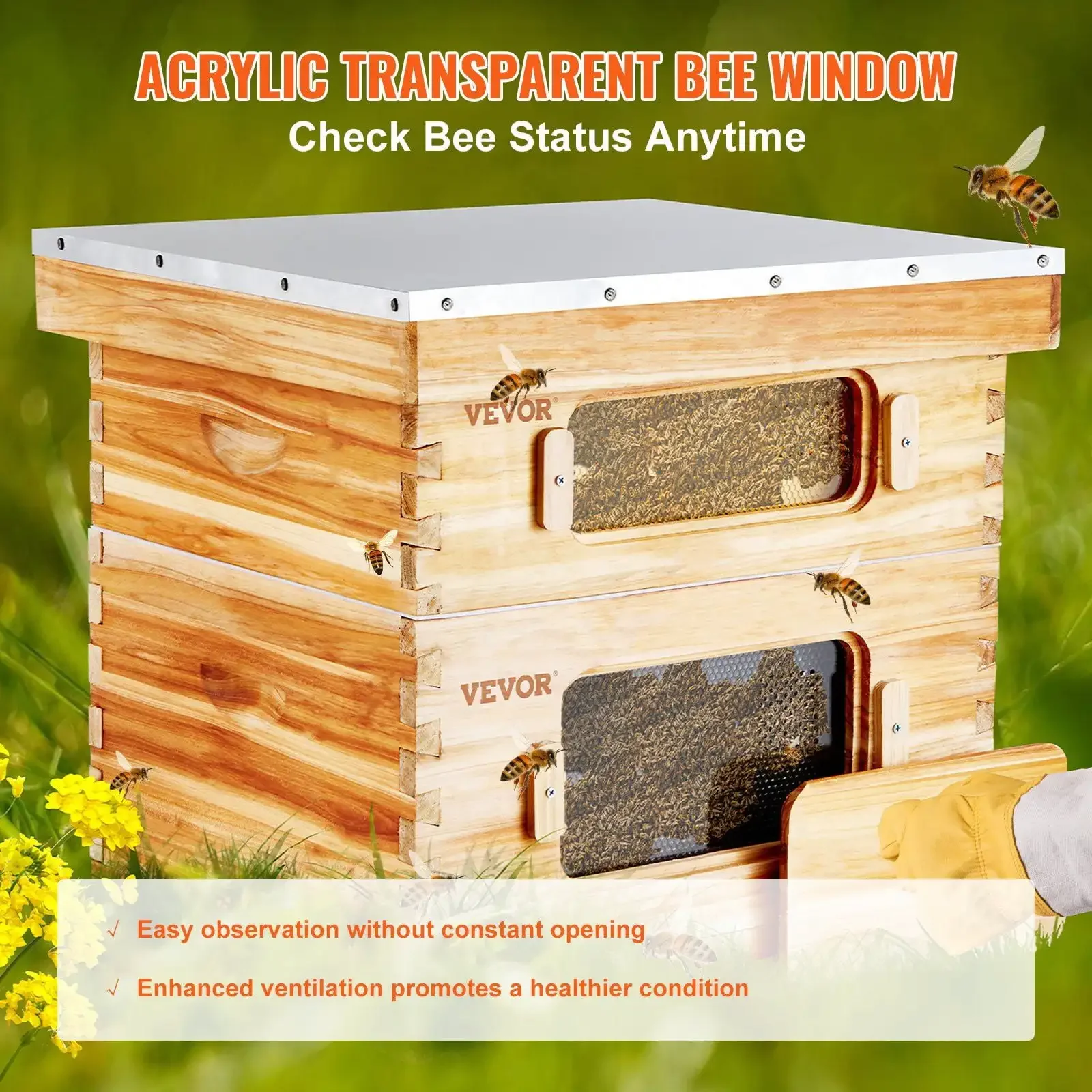 Bee Hive 20 Frame Bee Hives Starter Kit, Beeswax Coated Cedar Wood, 1 Deep + 1 Medium Boxes Langstroth Beehive Kit