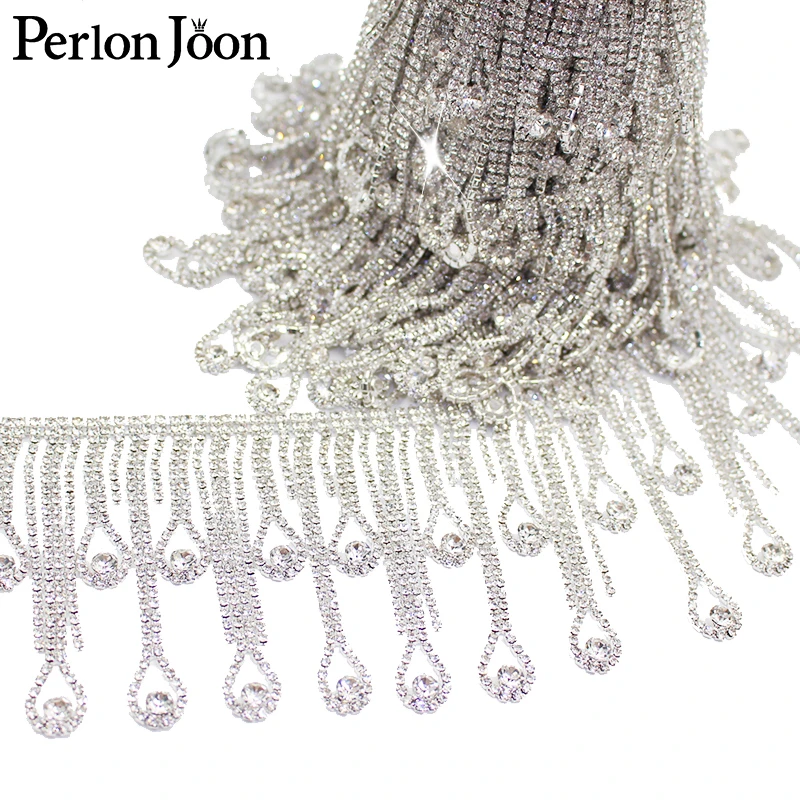 1 Yard Long Tassel Crystal Droplets Rhinestone Fringe Trim Silver Crystal Decorative Rhinestone
