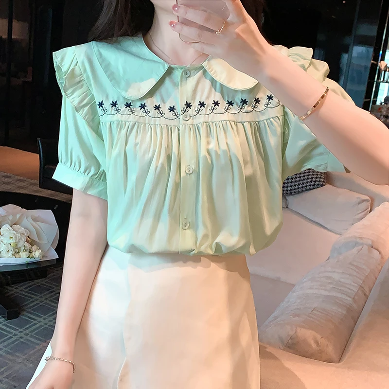 

Блузка женская с воротником «Питер Пэн», милая Свободная рубашка в японском стиле девушки Мори, топ с цветочной вышивкой, белый и зеленый цвета, на лето