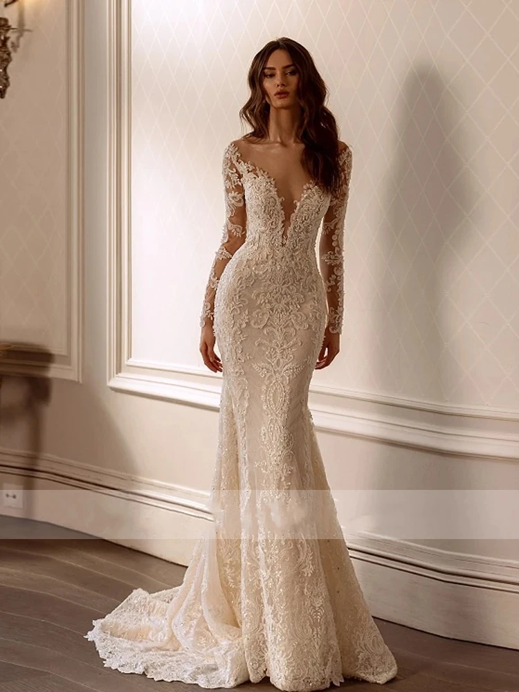 Sweetheart Wedding Dresses Sexy Backless Bridal Gowns Lace Appliques Long Sleeves Mermaid Exquisite Vestidos De Novia Customized 4