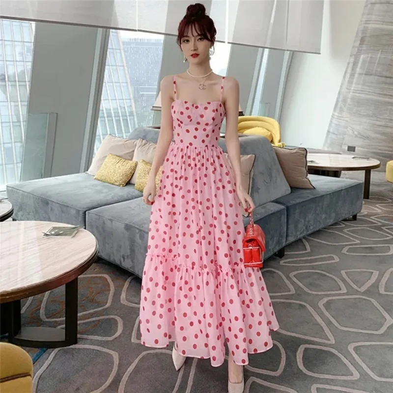 

Women Dress Print Polka Dot Spaghetti Strap Dress Pink A-Line High Waist Sweet Evening Night Party Midi Dress Summer Vestidos