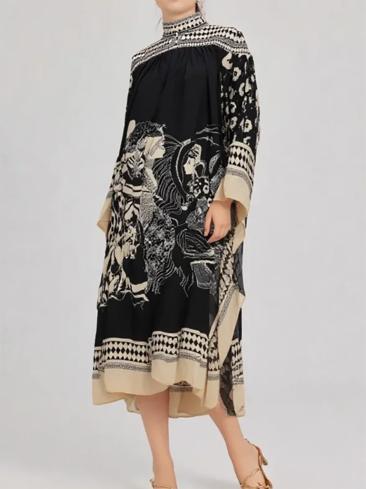 Lapel Three Quarter Sleeve Retro Printing V Neck Dress Autumn Elegant Women Loose Party Dress Femme Lacing Up Maxi Dress Vestido