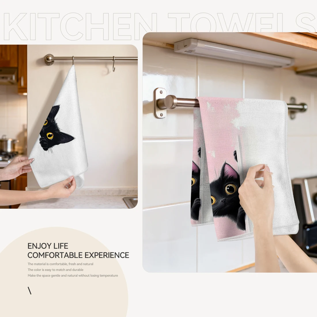 Set of 2 Soft Absorbent Cartoon Black Cat Kitchen Towels