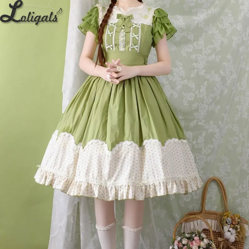 Sweet Lolita Dress Short Layered Cap Sleeve Polka Dotted Cotton Embroidered Casual Midi Dress by Strawberry Witch