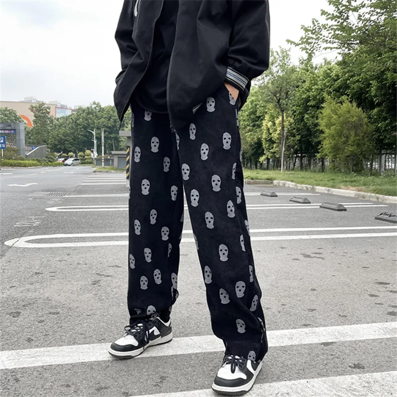 Mens Skull Printed Pink Cargo Pants Men Streetwear Casual Trousers Vintage Corduroy Straight Long Baggy Pants Pantalon Homme men trousers