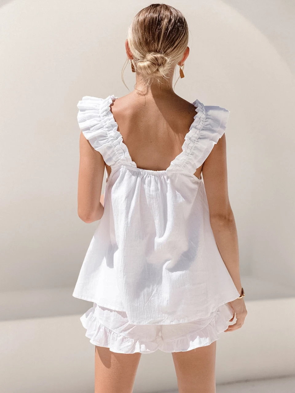 Shorts Suit Pyjamas Sleepwear Lingerie Sleepwear Lingerie Set Two Pieces Set Linad Square Neck Women's Nightwear White Frilled Pijama Set Woman 2 Pieces 100% Cotton Home Suit Sleeveless Loose Pajamas Women