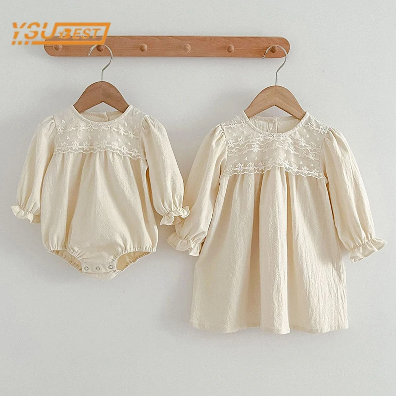 Spring Infant Kids Baby Girls Long Sleeve Solid Color Sisters Dress Autumn Newborn Baby Girls Lace Clothes Rompers