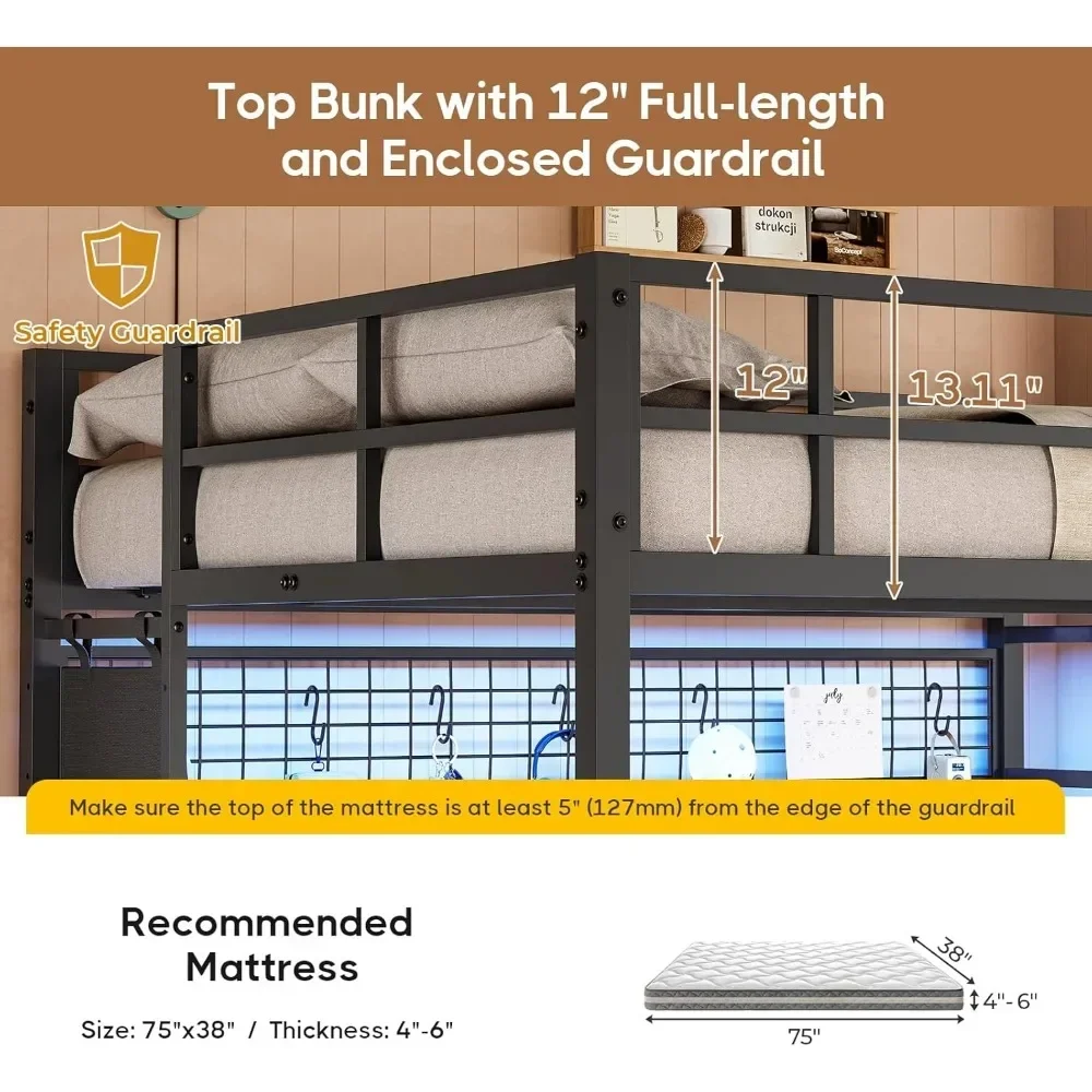 Full Over Twin Size Bunk Bed with Desk and Led Lights Storage Shelves and Drawers for Teen & Adults,Safety Guard Ladder Bunk Bed 6