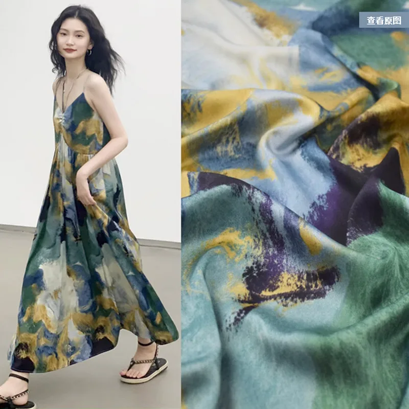 Chinese Wind Blue Green Water Ink Smudge Print Chiffon Fabric