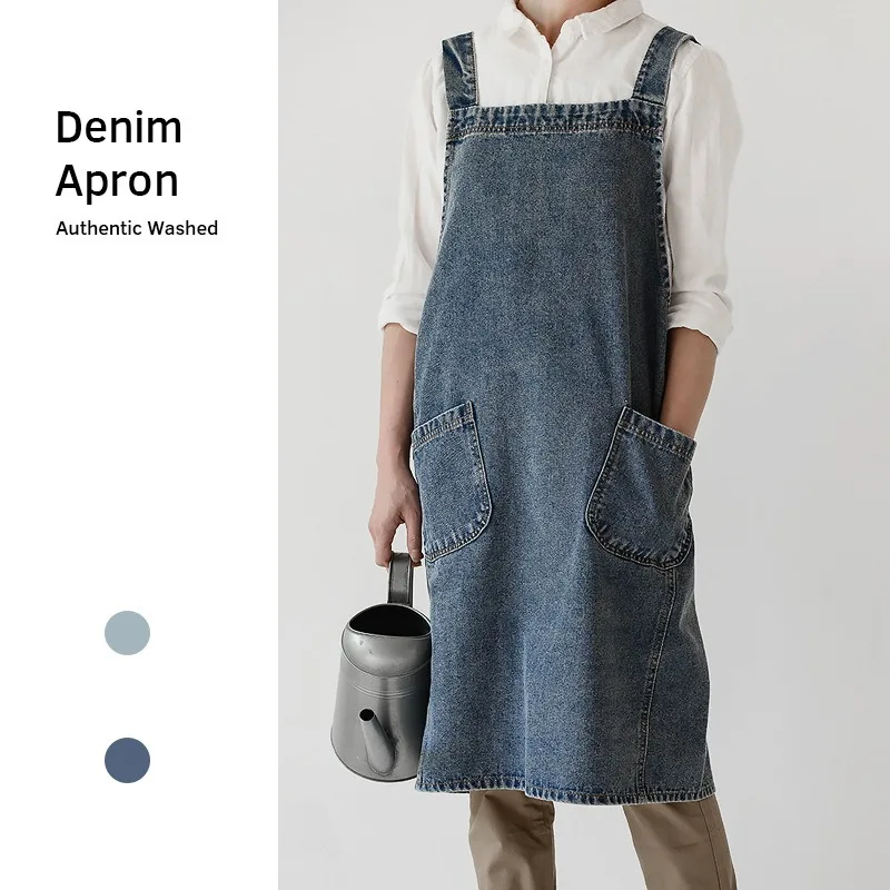

Korean Lady Dress Denim Apron for Woman Cotton Fabric Garden Kitchen Baking Cooking Aprons Household Cleaning Accessories