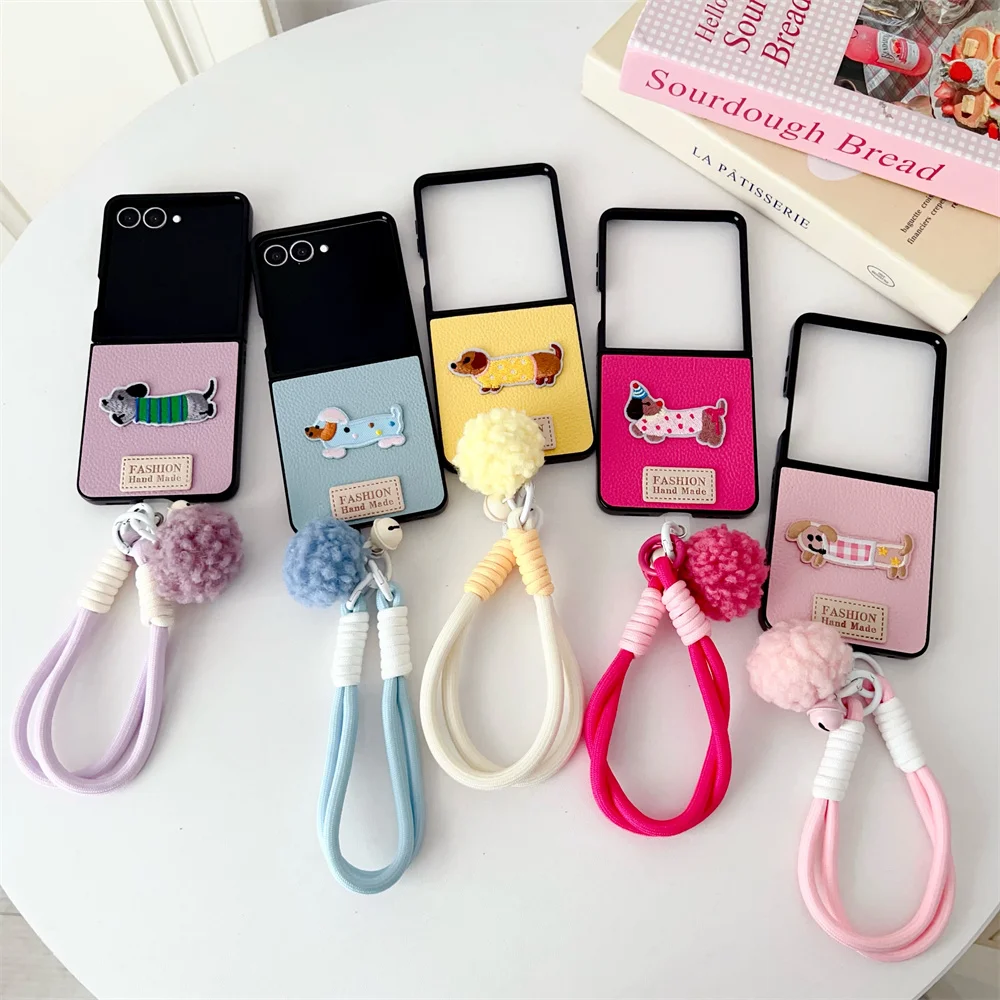 Cartoon Sausage Dog Leather Phone Case with Plush Lanyard – Shockproof Soft Frame Cover