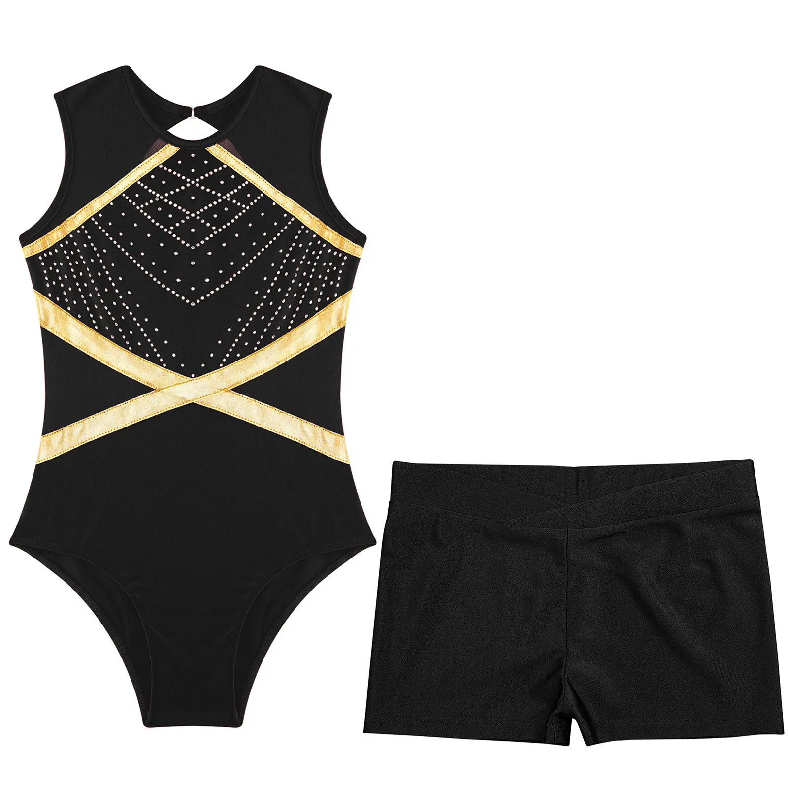 Girls Dance Costumes Kids Girls Rhinestones Gymnastics Ballet Leotard Keyhole Back Unitards Sleeveless Bodysuit with Shorts Figure Skating Dance