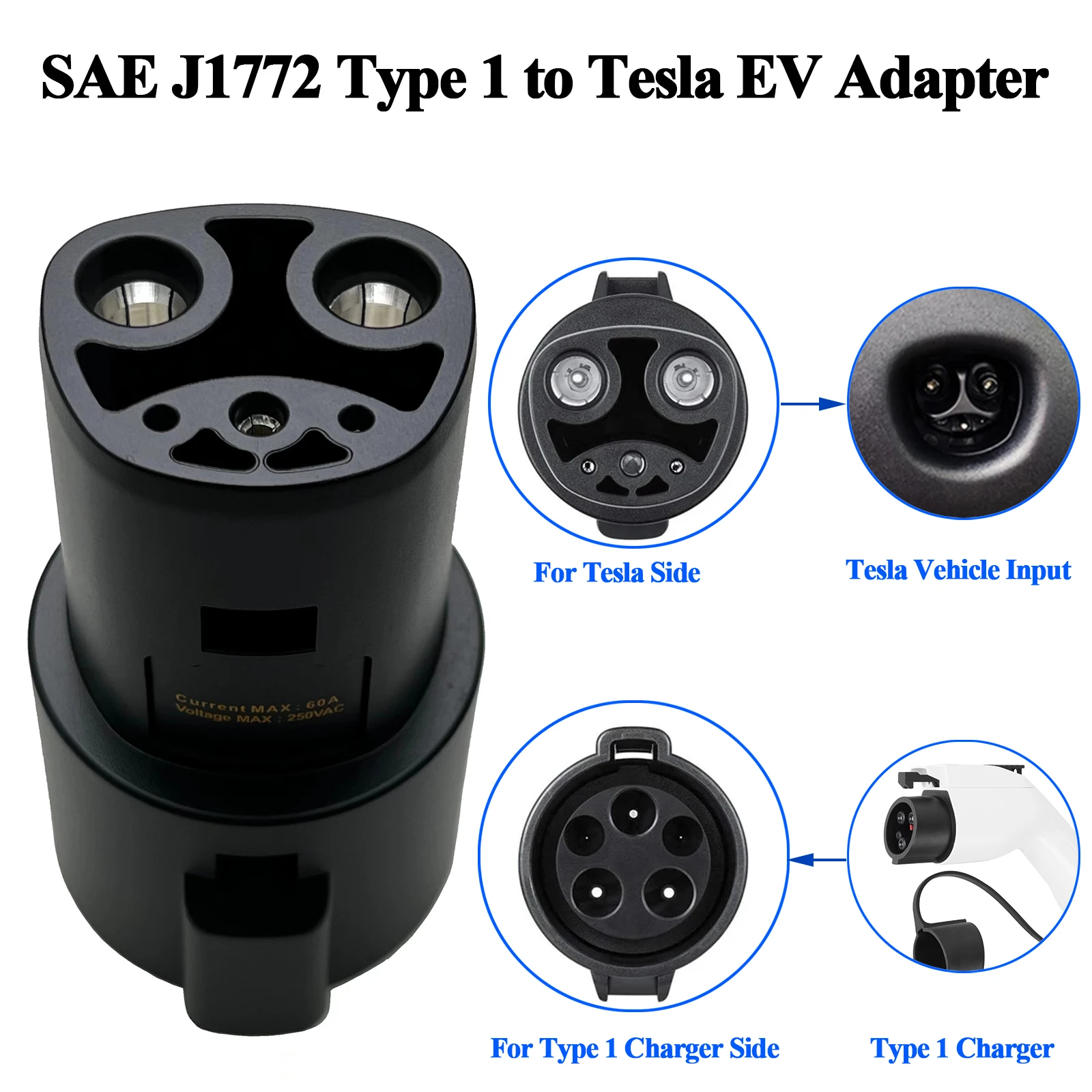 60A Max EV Adapter Electric Vehicle Charger SAE J1772 Type 1 to Tesla