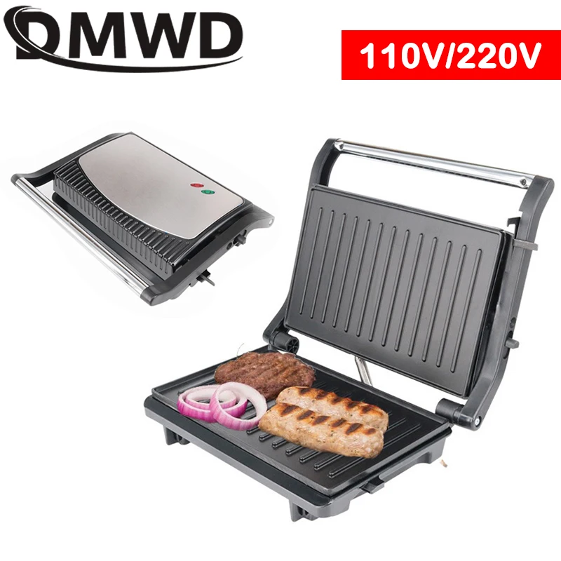 DMWD 110V/220V Sandwich Maker Breakfast Machine Barbecue Roast Intestinal Hamburger Panini Machine Steak Frying Pan Eggs Cooker