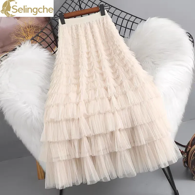 High End Mesh Half Skirt for Women in Spring and Summer 2024 New High Waisted Layered Cake Skirt, Medium Length Skirt 2024 girl s new dark tie street punk wind weave buckle medium length y2k gothic long skirt faldas mujer moda