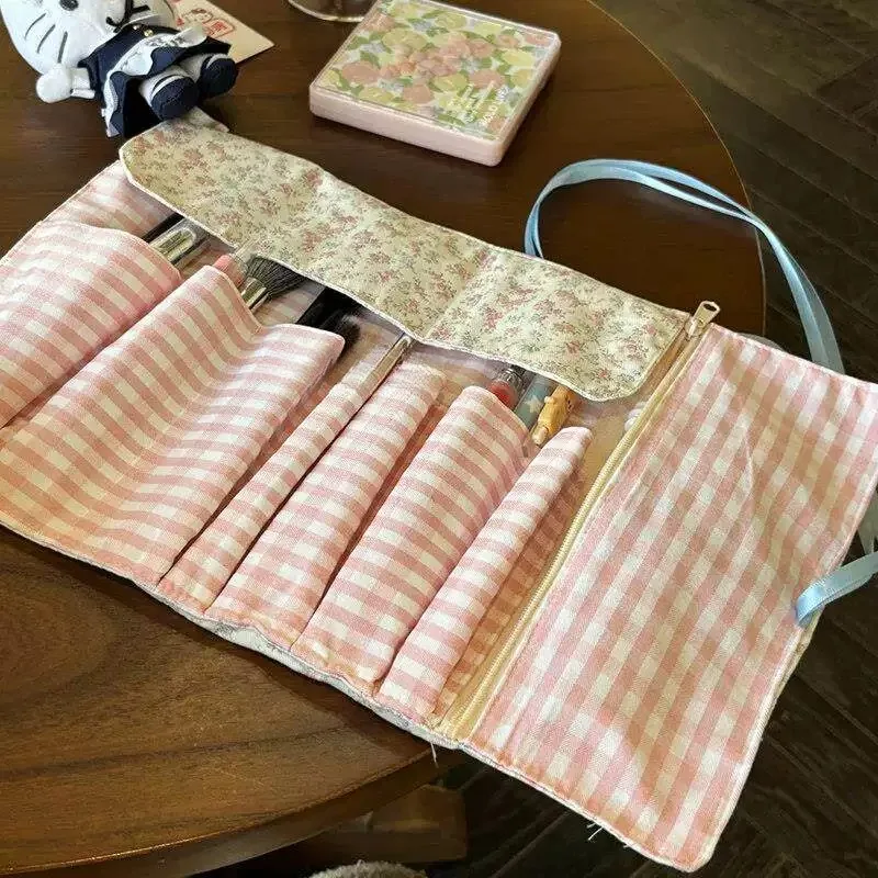 대용량 메이크업 브러쉬 보관 가방 여행용 눈썹 연필 정리함 플로럴 타이 롤업 ..