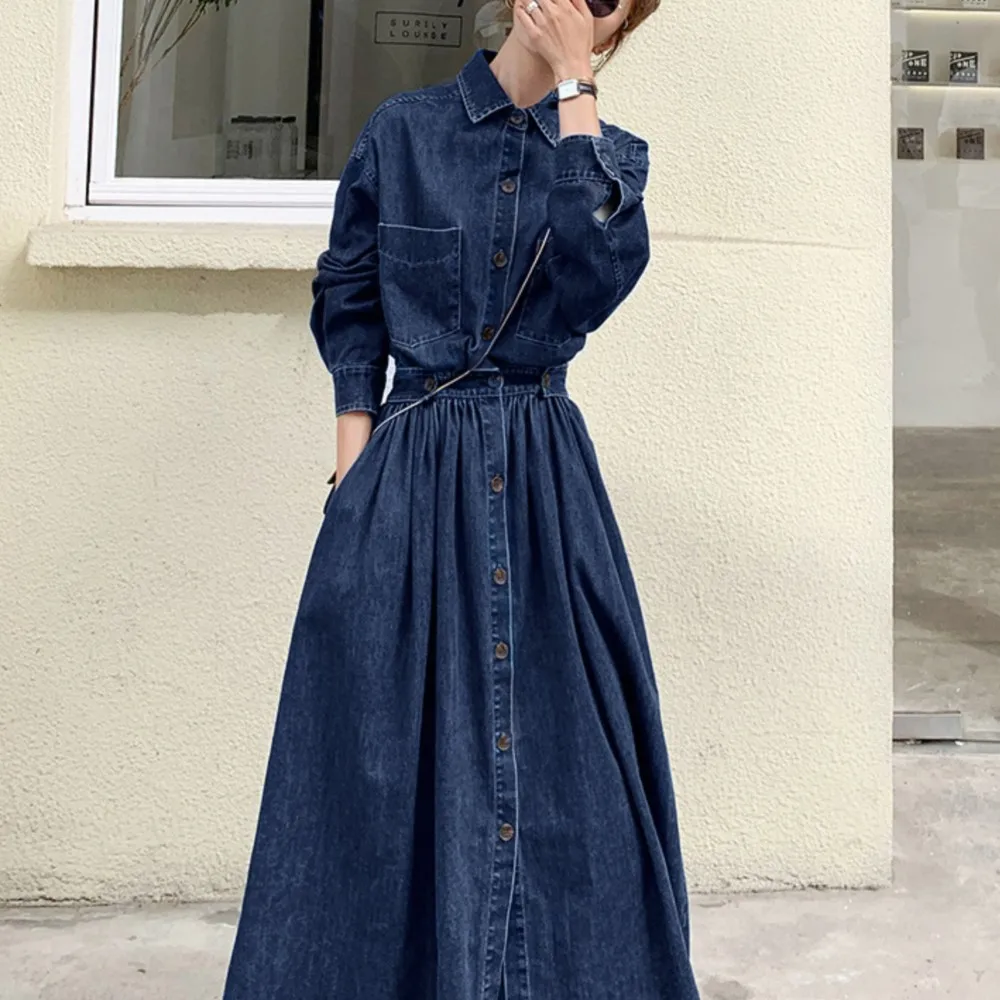 

Джинсовое длинное платье, женское ТРАПЕЦИЕВИДНОЕ Повседневное платье с высокой талией и длинными рукавами, женская одежда