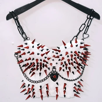 Black Chain Spikey White Cropped Top 1