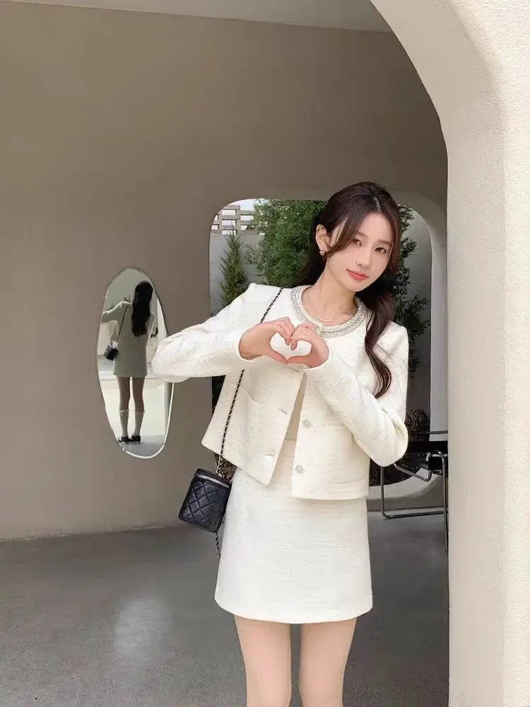 UNXX White Bouclé Set Petite Women 2024 Autumn New Slimming