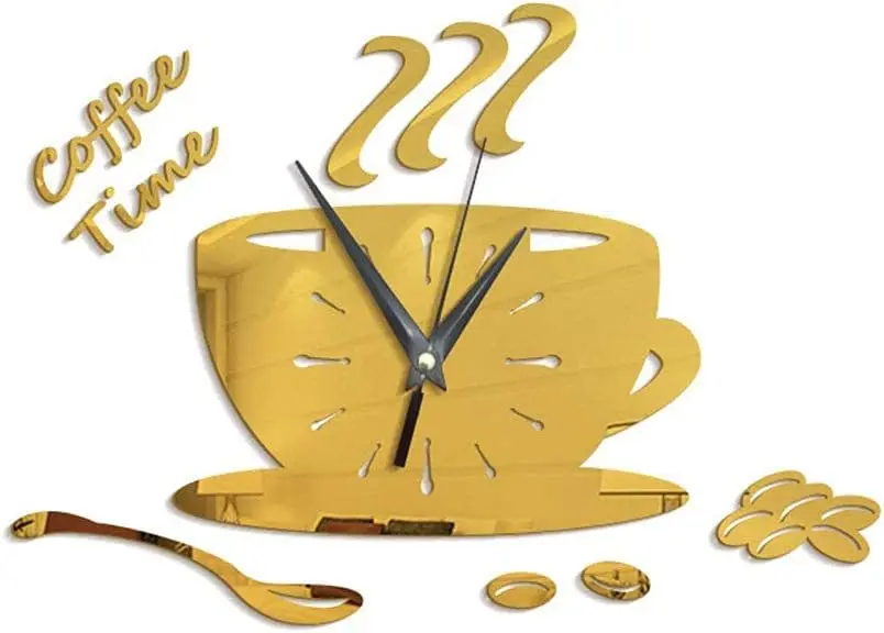 Coffee Cup Creative Silent Wall Clock, Kitchen, Living Room, Restaurant Decoration Clock, DIY Acrylic Mirror Watch