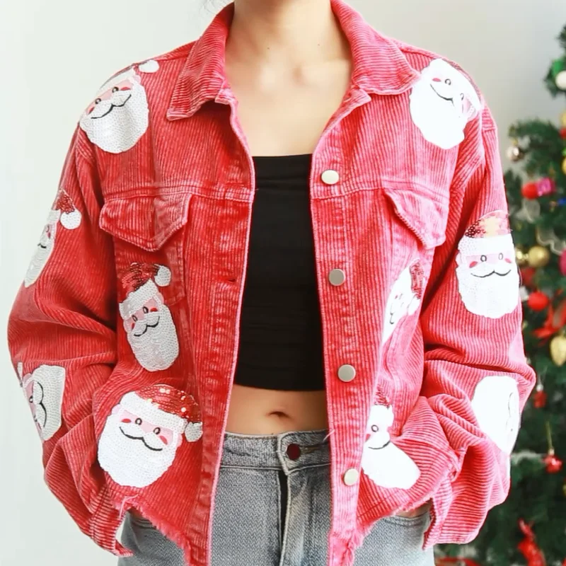 Sequined Santa Claus Vintage Jackets Single Breasted Christmas Corduroy Jackets Coats Retro Coats Chaqueta Navidad Mujer 3