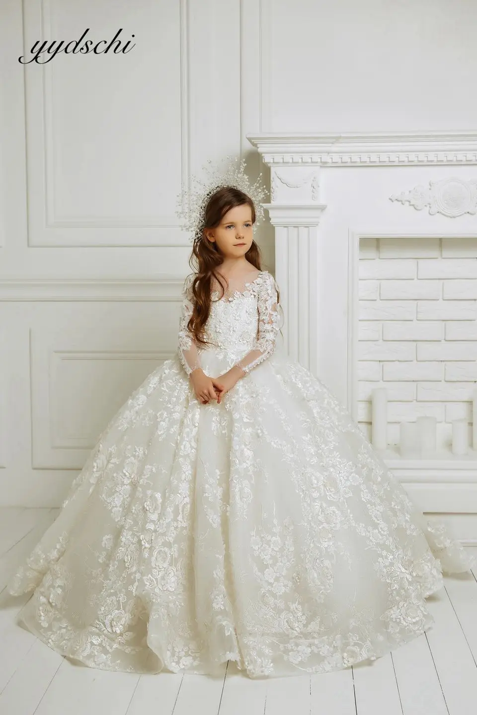 Luxurious Ivory Long Sleeve Flower Girl Dresses For Wedding Prom Party Girls Pageant Gowns Lace Floral Appliques