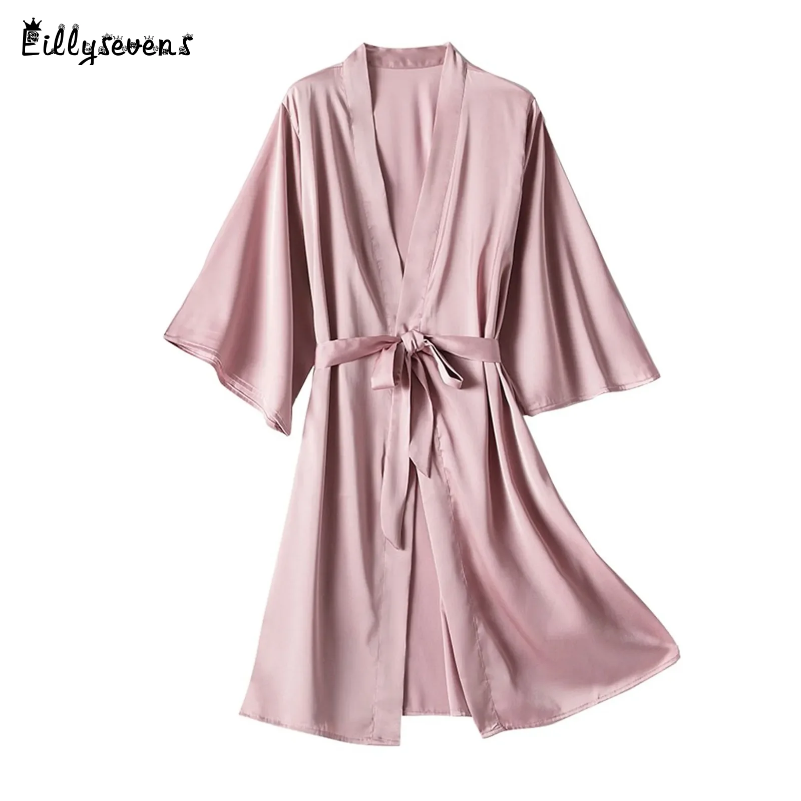 

3/4 Sleeve Womens Pajamas Robes Sexy Lace Solid Color Loose Nightwear Robes Comfortable Satin Lace-Up Nightgown Robes