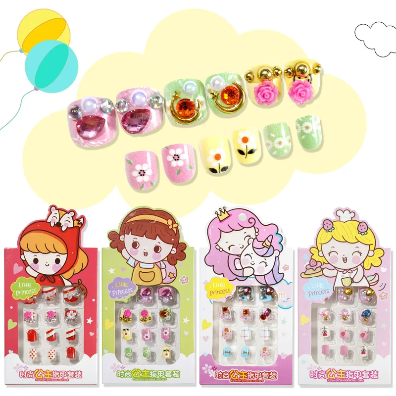

12pcs Carton Wearable Kids Nail-Tips Duck/Frog/Fox with Crystal Rhinestones Nails Decoration Fake False Glue on Child Nail Tip