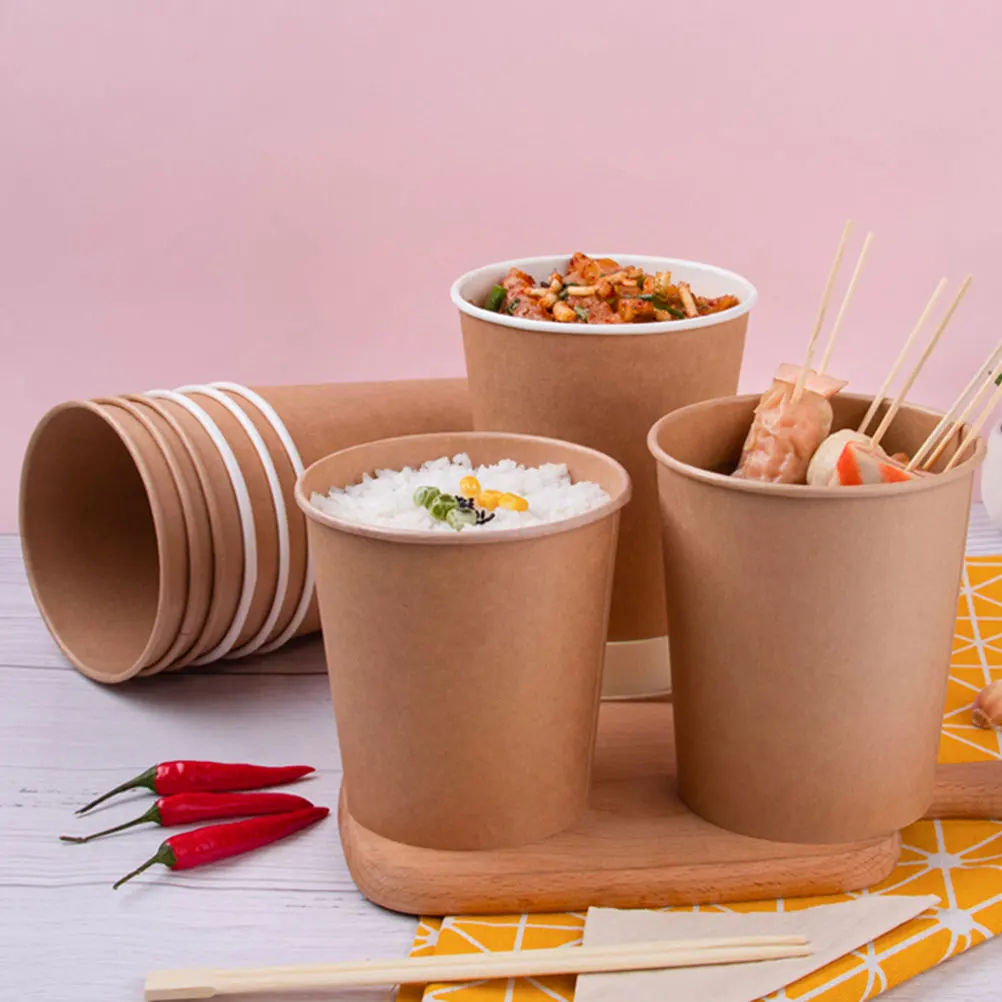 Disposable Kraft Paper Soup Containers with Plastic Lids - Kraft